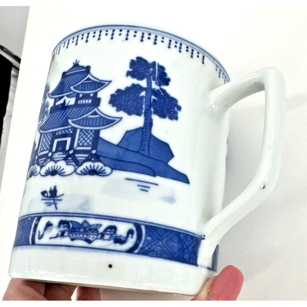 Blue & White Porcelain Pagoda Landscape Lidded Mug Tea Coffee Cup - Picture 8 of 14